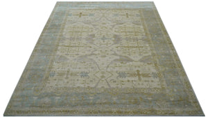 Hand Knotted Beige And Blue Traditional Oushak Design 12x15 Wool Rug