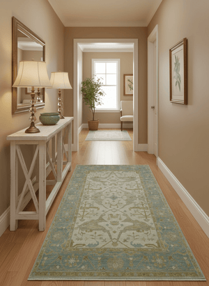 Hand Knotted Beige And Blue Traditional Oushak Design 6x9 Wool Rug