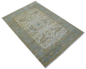 Hand Knotted Beige And Blue Traditional Oushak Design 6x9 Wool Rug