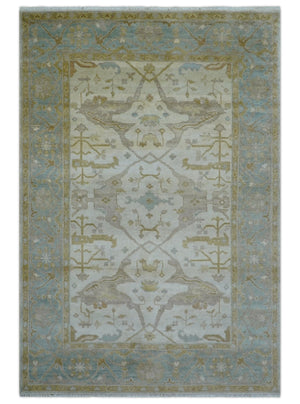 Hand Knotted Beige And Blue Traditional Oushak Design 6x9 Wool Rug