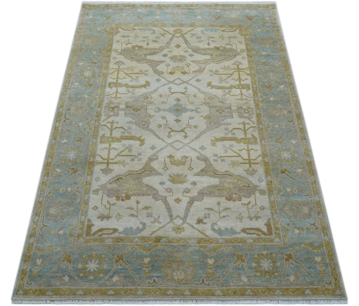 Hand Knotted Beige And Blue Traditional Oushak Design 6x9 Wool Rug