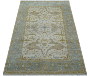 Hand Knotted Beige And Blue Traditional Oushak Design 6x9 Wool Rug