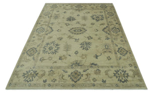 Hand Knotted Beige And Blue Traditional Oushak Design 9x11 Wool Area Rug