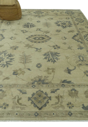 Hand Knotted Beige And Blue Traditional Oushak Design 9x11 Wool Area Rug