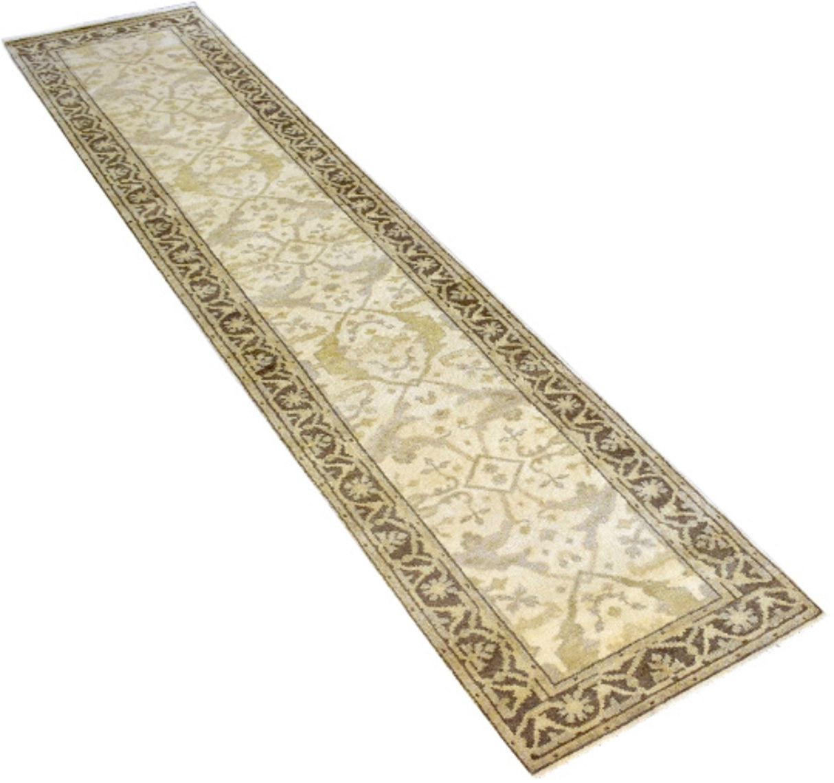 Beige and Brown Traditional Oushak Hand Knotted Wool 2.8x12  Area Rug