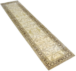 Beige and Brown Traditional Oushak Hand Knotted Wool 2.8x12  Area Rug