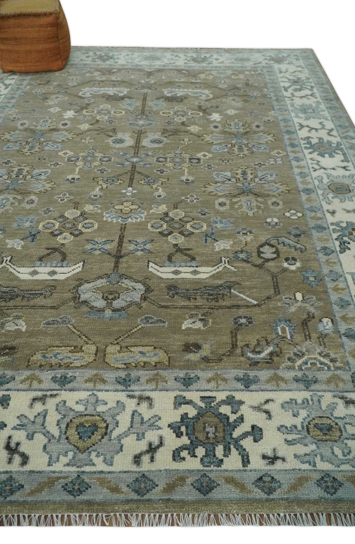 Hand Knotted Beige, Ivory and Silver Oriental Oushak 9x12 Traditional Wool Area Rug