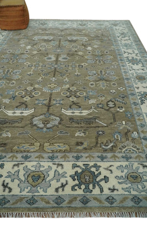 Hand Knotted Beige, Ivory and Silver Oriental Oushak 9x12 Traditional Wool Area Rug