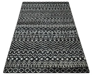 Hand Knotted Black and Ivory Modern Contemporary Tribal Trellis Recycled Silk Area Rug