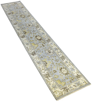 Hand Knotted Blue and Beige Traditional Oushak Wool Area Rug