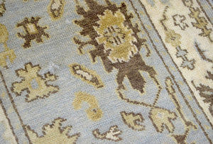 Hand Knotted Blue and Beige Traditional Oushak Wool Runner Rug