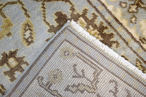Hand Knotted Blue and Beige Traditional Oushak Wool Runner Rug