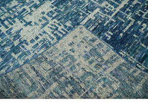 Hand Knotted Blue and Beige Modern Abstract Contemporary Recycled Art Silk Area Rug
