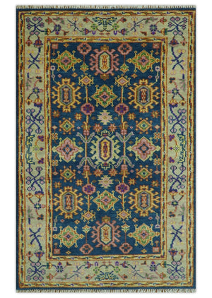 Hand Knotted Blue and Beige Persian Design Wool Rug