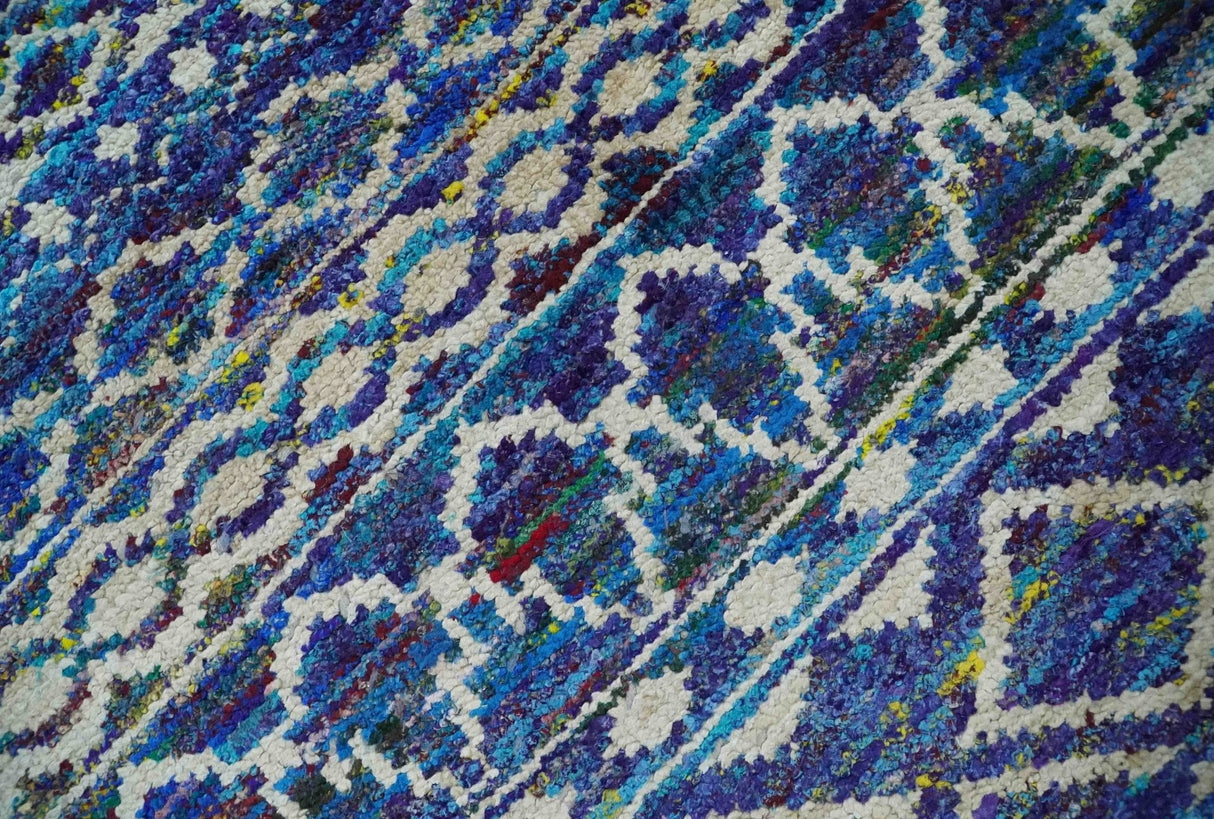 Hand Knotted Blue and Ivory 5.6x8.5 Modern Contemporary Southwestern Tribal Trellis Recycled Art Silk Area Rug