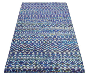 Hand Knotted Blue and Ivory 5.6x8.5 Modern Contemporary Southwestern Tribal Trellis Recycled Art Silk Area Rug