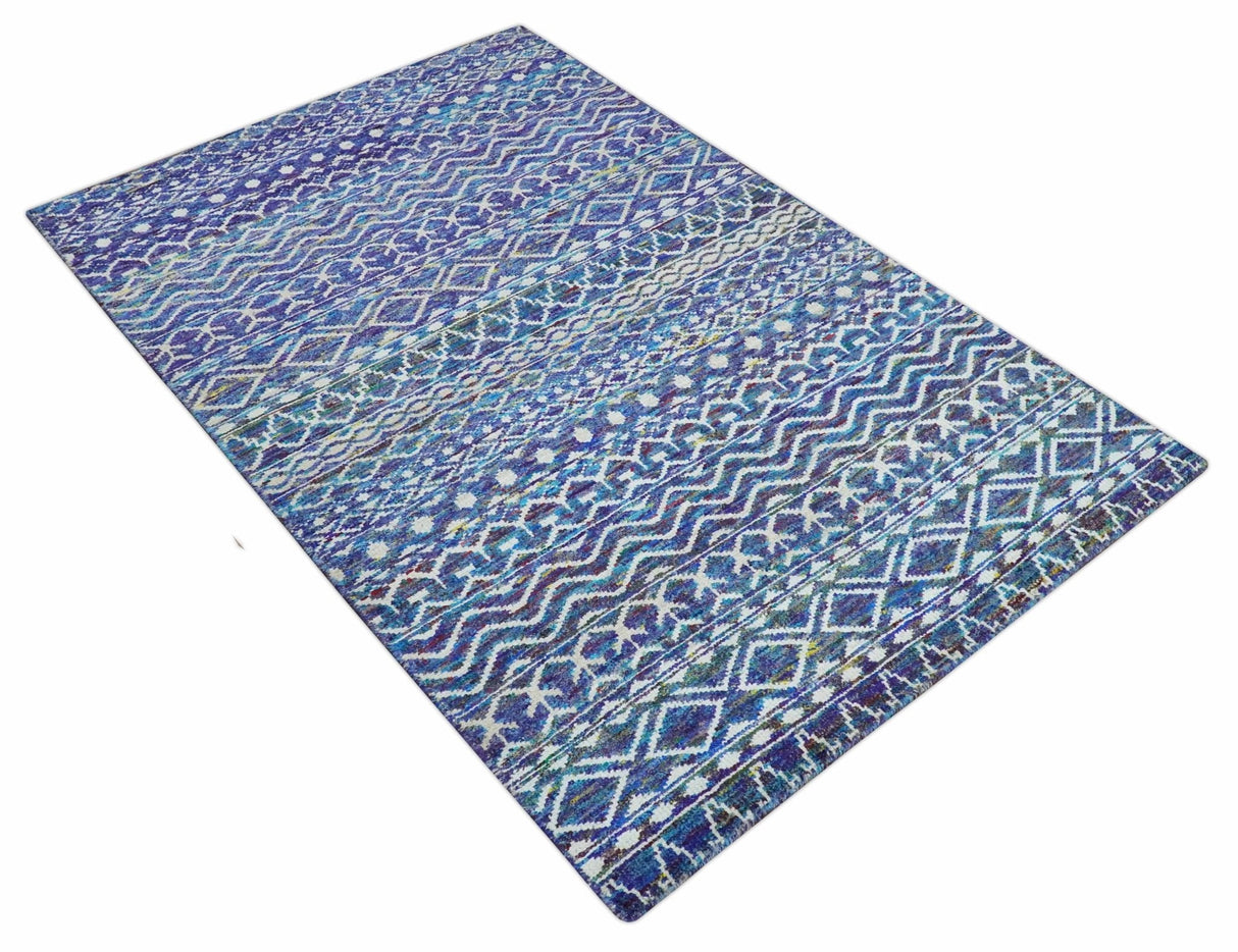Hand Knotted Blue and Ivory 5.6x8.5 Modern Contemporary Southwestern Tribal Trellis Recycled Art Silk Area Rug