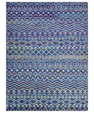 Hand Knotted Blue and Ivory 5.6x8.5 Modern Contemporary Southwestern Tribal Trellis Recycled Art Silk Area Rug