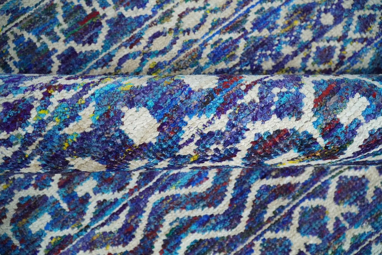 Hand Knotted Blue and Ivory 5.6x8.5 Modern Contemporary Southwestern Tribal Trellis Recycled Art Silk Area Rug