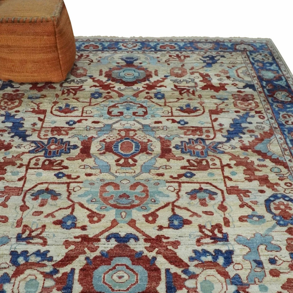 Hand Knotted Blue and Ivory Antique Vintage Style Custom Made Wool Rug