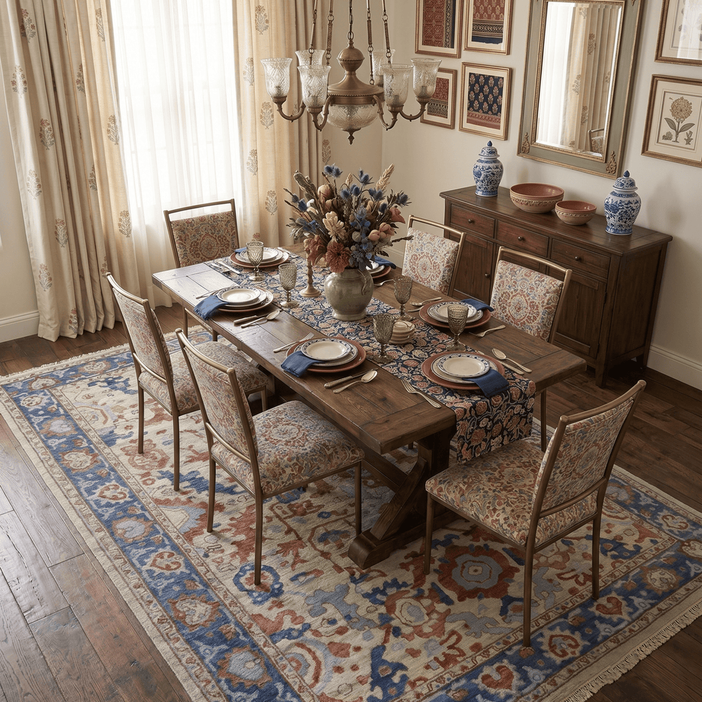 Hand Knotted Blue and Ivory Antique Vintage Style Custom Made Wool Rug