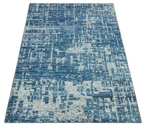 Hand Knotted Blue and Ivory Modern Abstract Contemporary Recycled Silk Area Rug