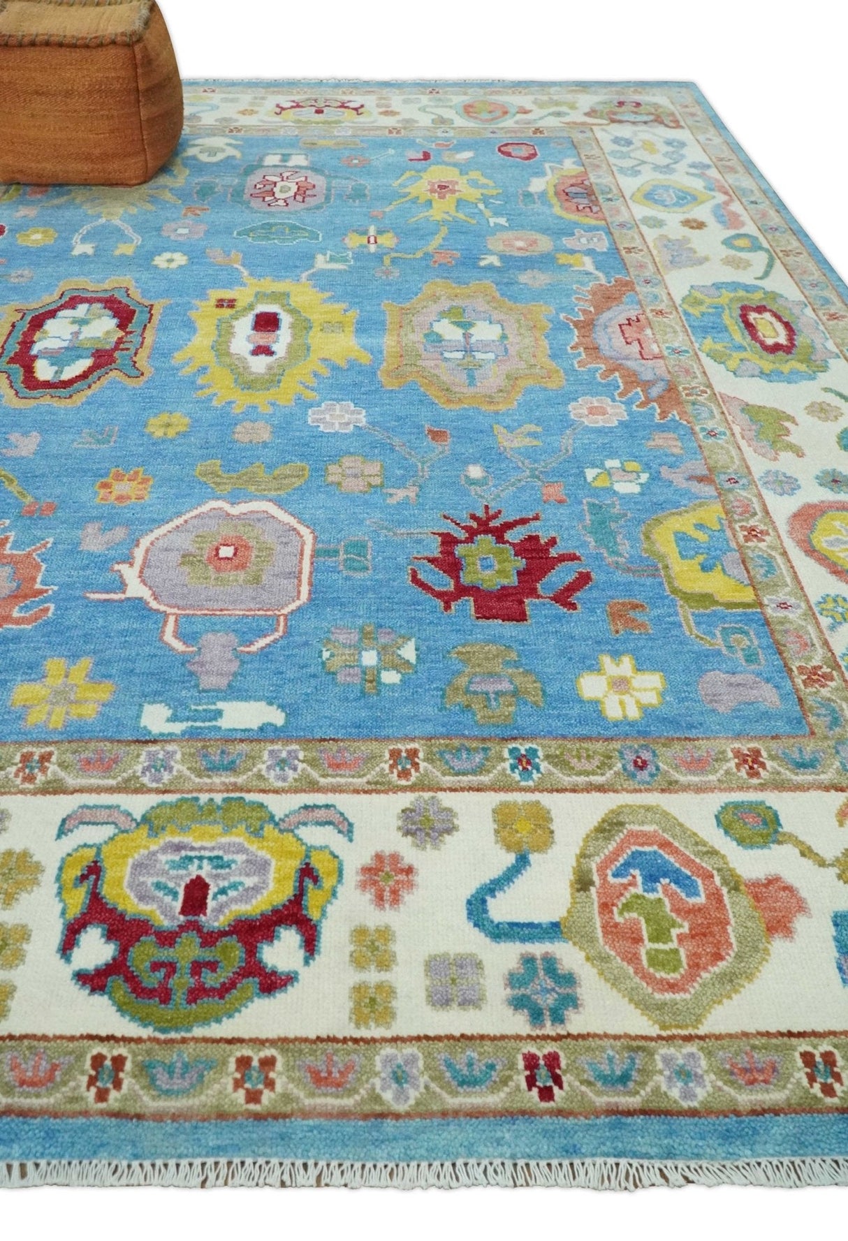 Blue and Ivory Traditional Oushak Hand Knotted Wool Area Rug