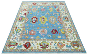 Blue and Ivory Traditional Oushak Hand Knotted Wool Area Rug