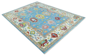 Blue and Ivory Traditional Oushak Hand Knotted Wool Area Rug