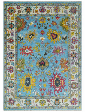 Custom Made Hand Knotted Blue and Ivory Traditional Oushak Wool Area Rug