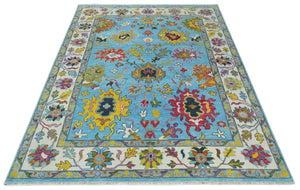 Custom Made Hand Knotted Blue and Ivory Traditional Oushak Wool Area Rug