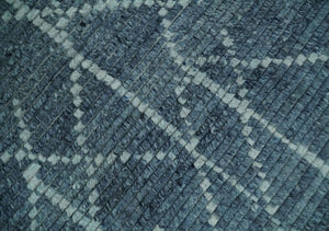 Hand Knotted Blue and Silver Trellis Moroccan Blended Wool Rug