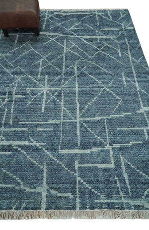 Hand Knotted Blue and Silver Trellis Moroccan Blended Wool Rug