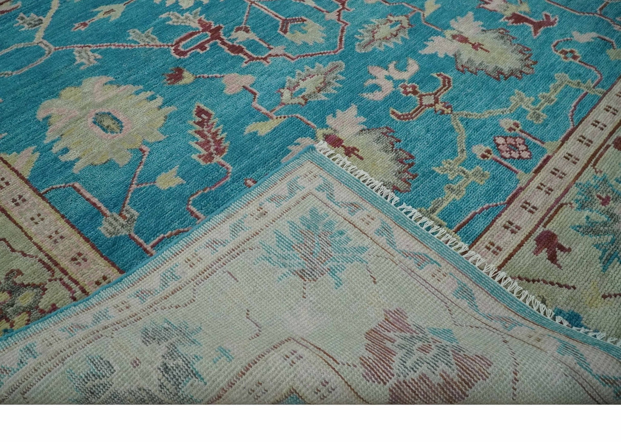 Hand Knotted Blue, Ivory and Maroon Oriental Oushak 9x12 Traditional Wool Area Rug