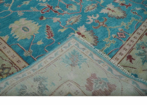 Hand Knotted Blue, Ivory and Maroon Oriental Oushak 9x12 Traditional Wool Area Rug