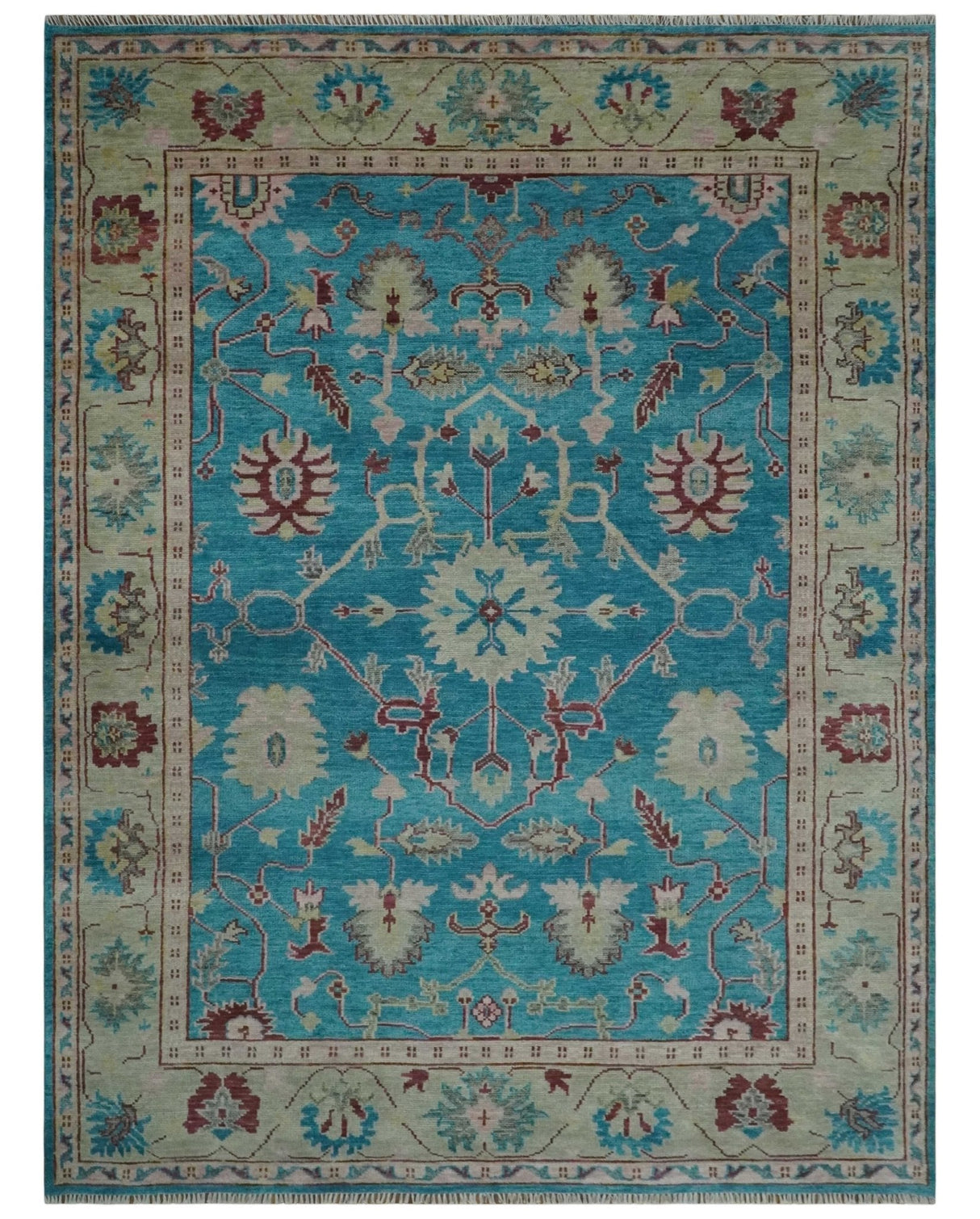Hand Knotted Blue, Ivory and Maroon Oriental Oushak 9x12 Traditional Wool Area Rug