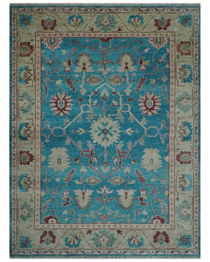 Hand Knotted Blue, Ivory and Maroon Oriental Oushak 9x12 Traditional Wool Area Rug