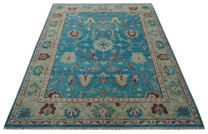 Hand Knotted Blue, Ivory and Maroon Oriental Oushak 9x12 Traditional Wool Area Rug