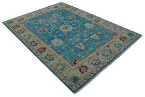 Hand Knotted Blue, Ivory and Maroon Oriental Oushak 9x12 Traditional Wool Area Rug