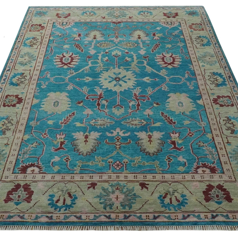 Hand Knotted Blue, Ivory and Maroon Oriental Oushak Multi Size Traditional Wool Area Rug
