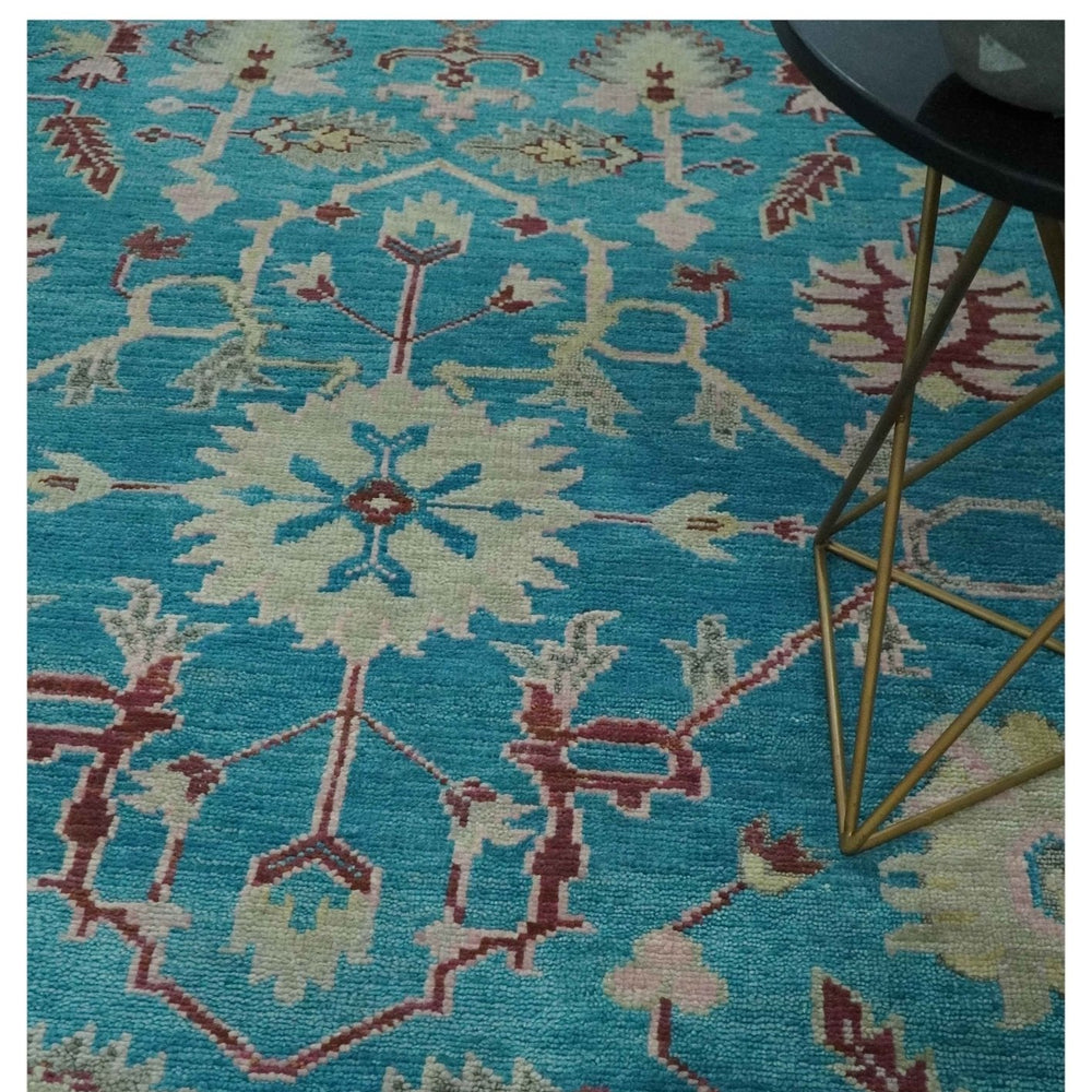 Hand Knotted Blue, Ivory and Maroon Oriental Oushak Multi Size Traditional Wool Area Rug