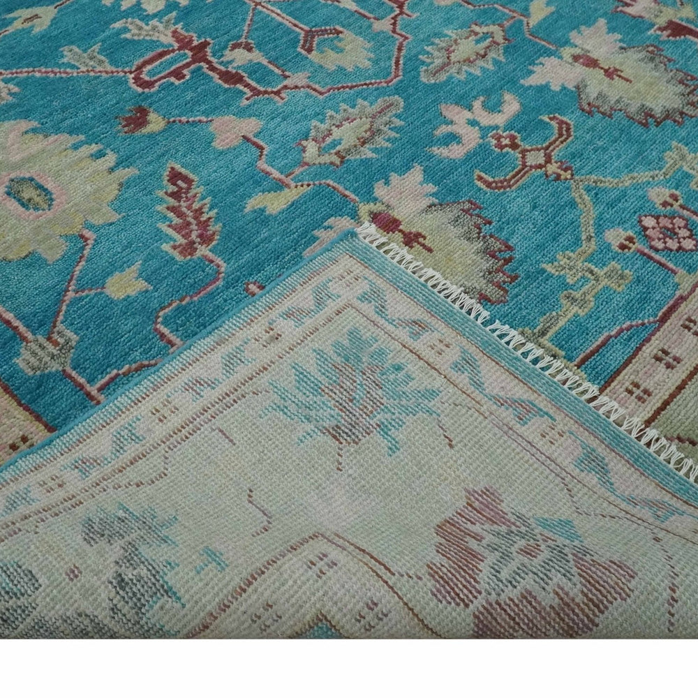 Hand Knotted Blue, Ivory and Maroon Oriental Oushak Multi Size Traditional Wool Area Rug
