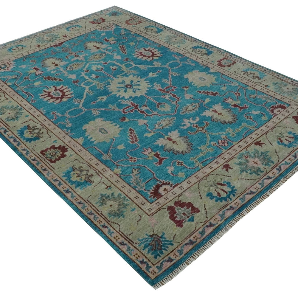 Hand Knotted Blue, Ivory and Maroon Oriental Oushak Multi Size Traditional Wool Area Rug
