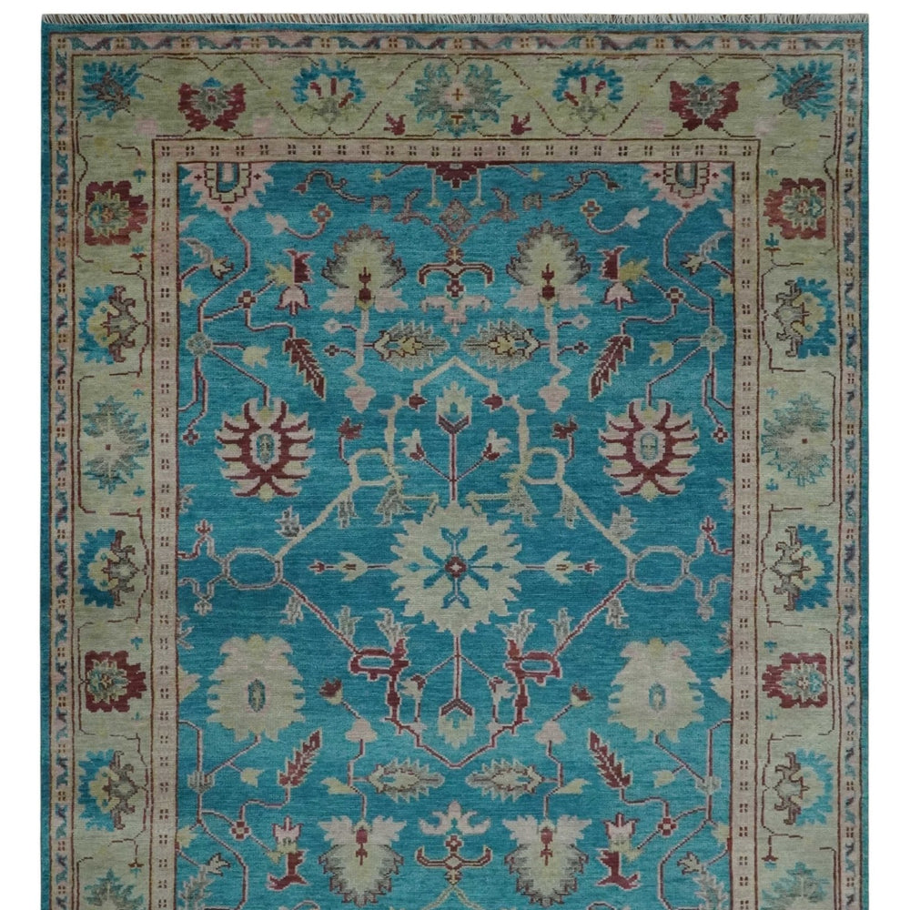Hand Knotted Blue, Ivory and Maroon Oriental Oushak Multi Size Traditional Wool Area Rug