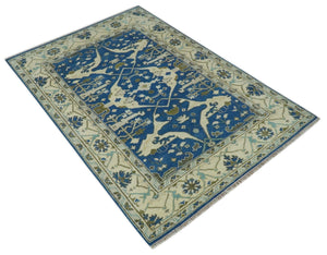 Hand Knotted Blue, Ivory and Olive 6x9 Oriental Oushak wool area rug