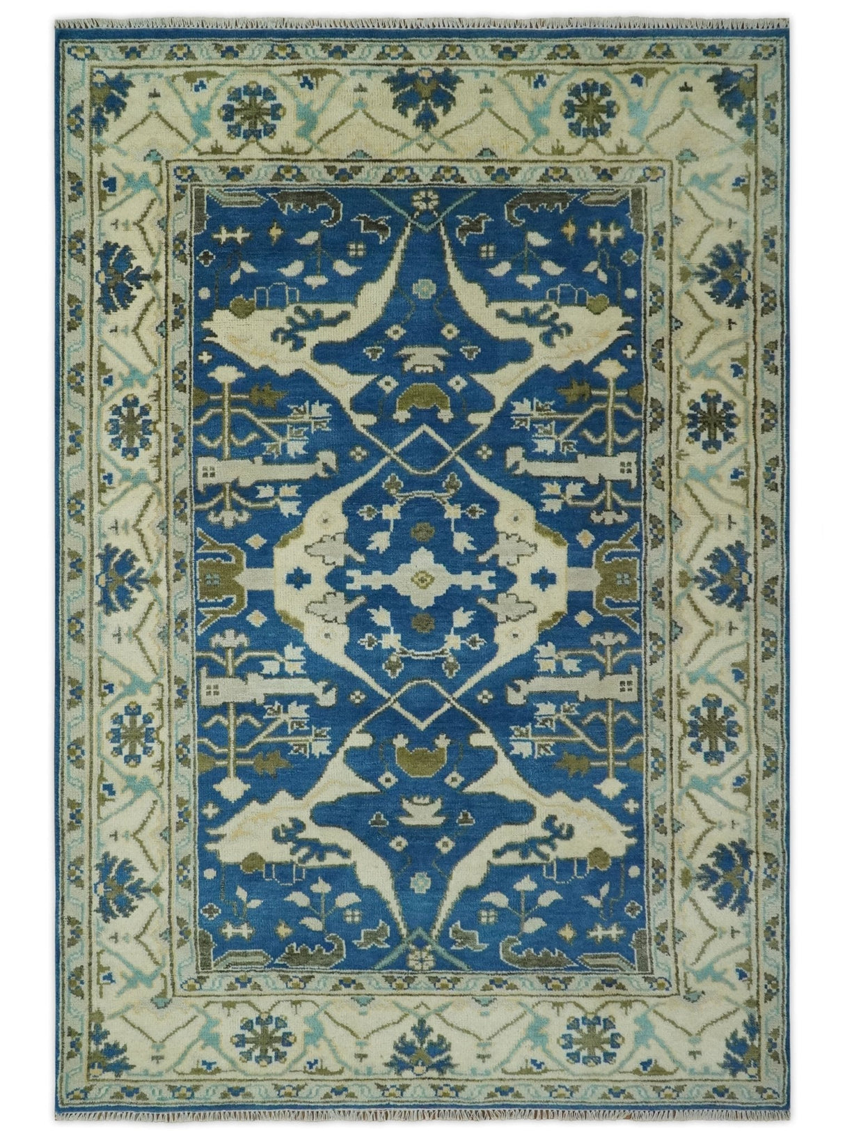 Hand Knotted Blue, Ivory and Olive 6x9 Oriental Oushak wool area rug