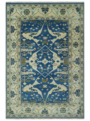 Hand Knotted Blue, Ivory and Olive 6x9 Oriental Oushak wool area rug