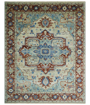 Hand Knotted Blue, Ivory and Rust Antique Persian Heriz Serapi Wool Rug