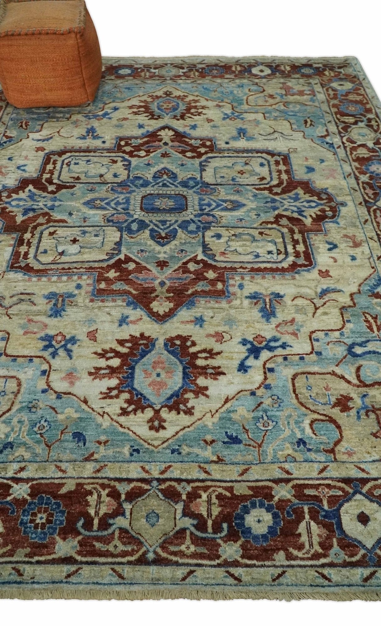 Hand Knotted Blue, Ivory and Rust Antique Persian Heriz Serapi Wool Rug