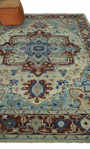 Hand Knotted Blue, Ivory and Rust Antique Persian Heriz Serapi Wool Rug